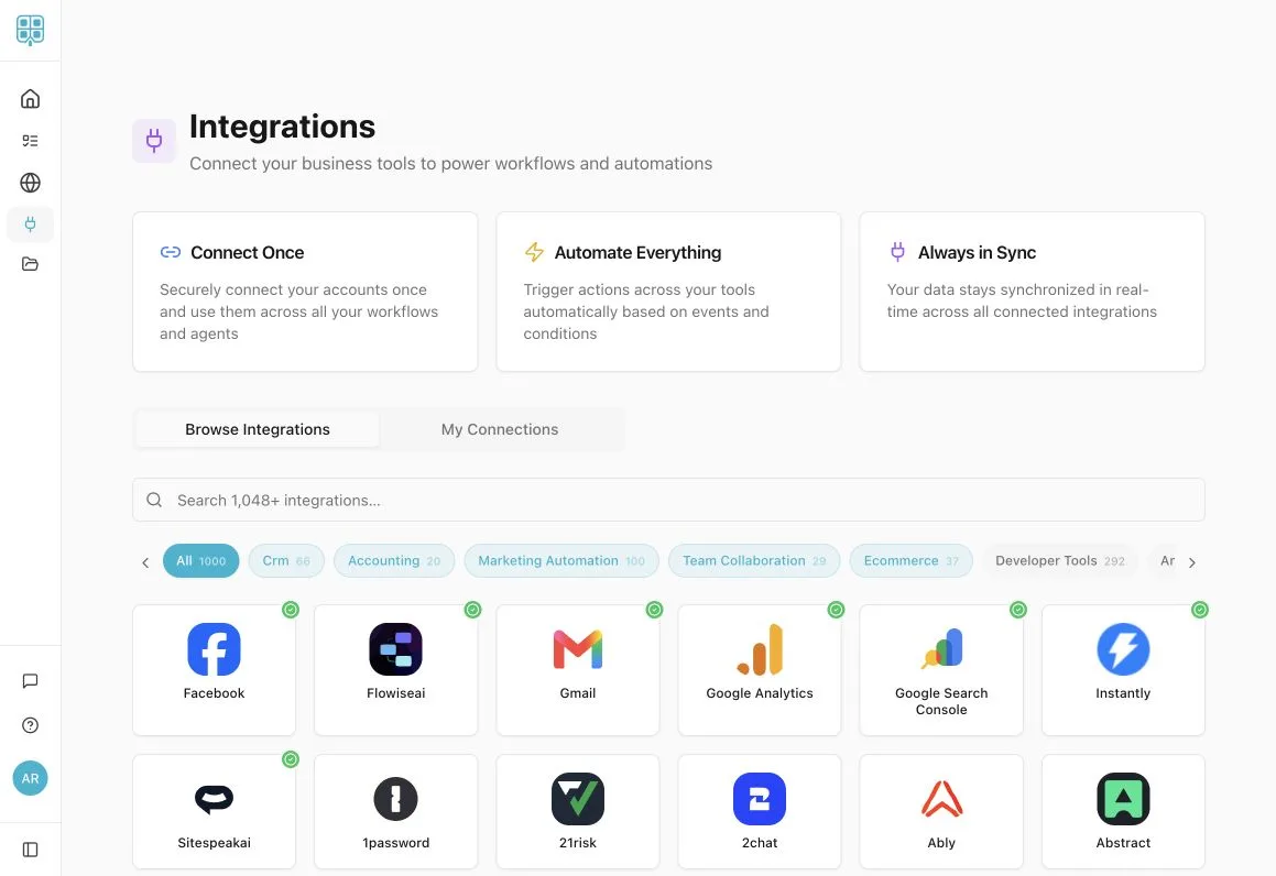 WafflOS integrations catalog with application tiles and connection categories.