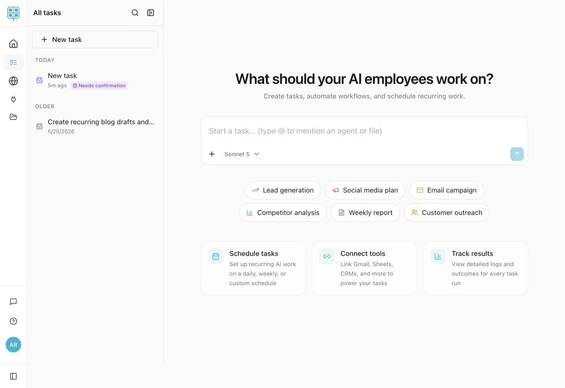 WafflOS AI Tasks composer with suggested tasks and controls for schedules, tools, and results.